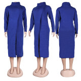 Solid High Collar Sweater Slit Dress NY-082