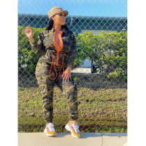 Plus Size Camo Print Zipper Long Sleeve Jumpsuit YIM-279
