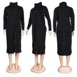Solid High Collar Sweater Slit Dress NY-082