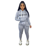Plush Letter Print Drawstring Hoodies Two Piece Pants Set TK-6261