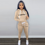 Plush Letter Print Drawstring Hoodies Two Piece Pants Set TK-6261