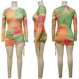 Tie Dye Printed Round Neck Drawstring Dress YF-9986