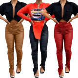 Solid Color Ruched PU Leather Pants FNN-8692