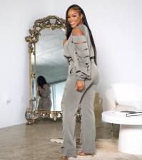 Fashion Solid Holes Long Sleeve Pant Two Piece Set QY-5280