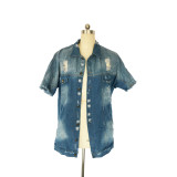 Plus Size Fashion Holes Short Sleeve Retro Denim Jacket LX-3536