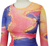 Tie Dye Printed Round Neck Drawstring Dress YF-9986