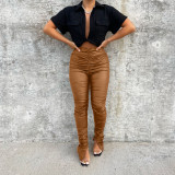 Solid Color Ruched PU Leather Pants FNN-8692