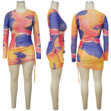 Tie Dye Printed Round Neck Drawstring Dress YF-9986