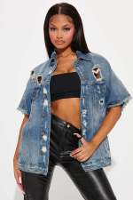 Plus Size Fashion Holes Short Sleeve Retro Denim Jacket LX-3536