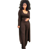 Solid Tank Top+Pants+Long Sleeve Coat Three Piece Set YF-9294