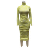 Print Ruched Long Sleeve Midi Dress YF-9598