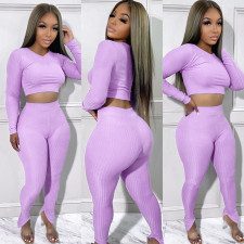 Fashion Solid Color Crop Top+Split Pencil Pant 2 Piece Set SH-390424