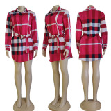 Fashion Plaid Print Shirt Dress(With Waist Belt) GYSF-7144