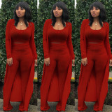 Solid Tank Top+Pants+Long Sleeve Coat Three Piece Set YF-9294