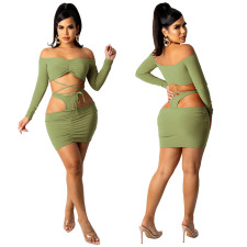Sexy Solid Long Sleeve Tie Up Skirt Suit YF-9972