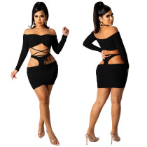 Sexy Solid Long Sleeve Tie Up Skirt Suit YF-9972