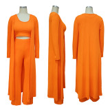 Solid Tank Top+Pants+Long Sleeve Coat Three Piece Set YF-9294