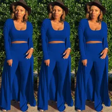 Solid Tank Top+Pants+Long Sleeve Coat Three Piece Set YF-9294
