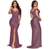 Elegant Sexy Off Shoulder Ruched Slit Evening Dress YF-10062