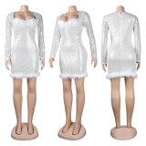 Fashion Sequin Feather Patchwork Mini Dress NY-2585