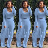Solid Tank Top+Pants+Long Sleeve Coat Three Piece Set YF-9294
