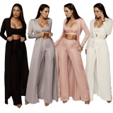 Solid Top+Pants+Long Sleeve Coat Three Piece Set YF-9234