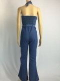 Fashion Denim Halter Jumpsuit With Belt SMR-8047