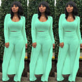 Solid Tank Top+Pants+Long Sleeve Coat Three Piece Set YF-9294