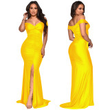 Elegant Sexy Off Shoulder Ruched Slit Evening Dress YF-10062