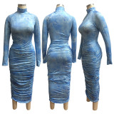 Print Ruched Long Sleeve Midi Dress YF-9598