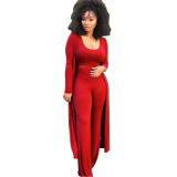 Solid Tank Top+Pants+Long Sleeve Coat Three Piece Set YF-9294