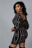 Fashion Print V Neck Long Sleeve Mini Dress XHXF-328