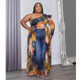 Plus Size Print Single Shoulder Sleeve Irregular Tops GCNF-0194