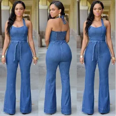 Fashion Denim Halter Jumpsuit With Belt SMR-8047