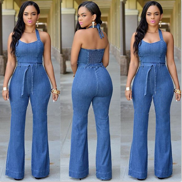 Fashion Denim Halter Jumpsuit With Belt SMR-8047