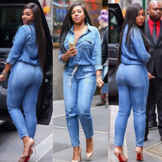 Plus Size Fashion Single Breasted Denim Jumpsuit SMR-8209