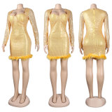 Fashion Sequin Feather Patchwork Mini Dress NY-2585