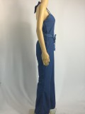 Fashion Denim Halter Jumpsuit With Belt SMR-8047
