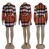 Fashion Plaid Print Shirt Dress(With Waist Belt) GYSF-7144