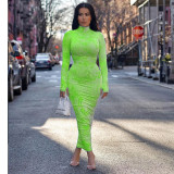 Print Ruched Long Sleeve Midi Dress YF-9598