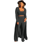 Solid Tank Top+Pants+Long Sleeve Coat Three Piece Set YF-9294