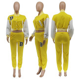 Letter Print Color Block Splicing Baseball Casual Sports Two Piece Set WSYF-59150