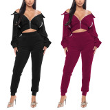 Velvet Solid Color Zipper Pocket Tops And Pant Two Piece Set TE-4489