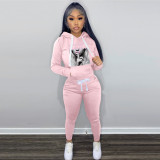 Fleece Print Hooded Pocket Two Piece Pants Set YMEF-5088