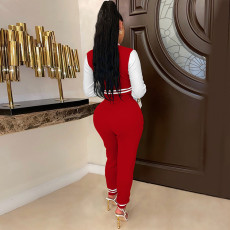 Letter Print Color Block Splicing Baseball Casual Sports Two Piece Set WSYF-59150