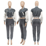 Letter Print Color Block Splicing Baseball Casual Sports Two Piece Set WSYF-59150