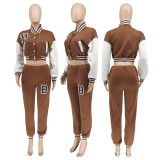Letter Print Color Block Splicing Baseball Casual Sports Two Piece Set WSYF-59150