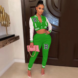 Letter Print Color Block Splicing Baseball Casual Sports Two Piece Set WSYF-59150