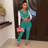Letter Print Color Block Splicing Baseball Casual Sports Two Piece Set WSYF-59150
