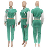 Letter Print Color Block Splicing Baseball Casual Sports Two Piece Set WSYF-59150